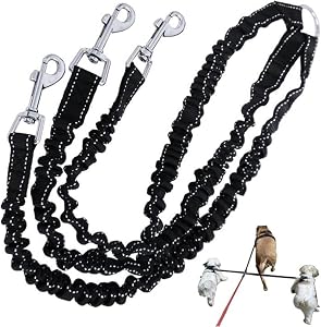 3 Way Dog Leash Coupler, Heavy Duty No Pull Multiple Double Tangle Free Trio Nylon Bungee Cord Stretchy Durable Pups Lead for Small Medium Dogs Training Walking Dog Puppy