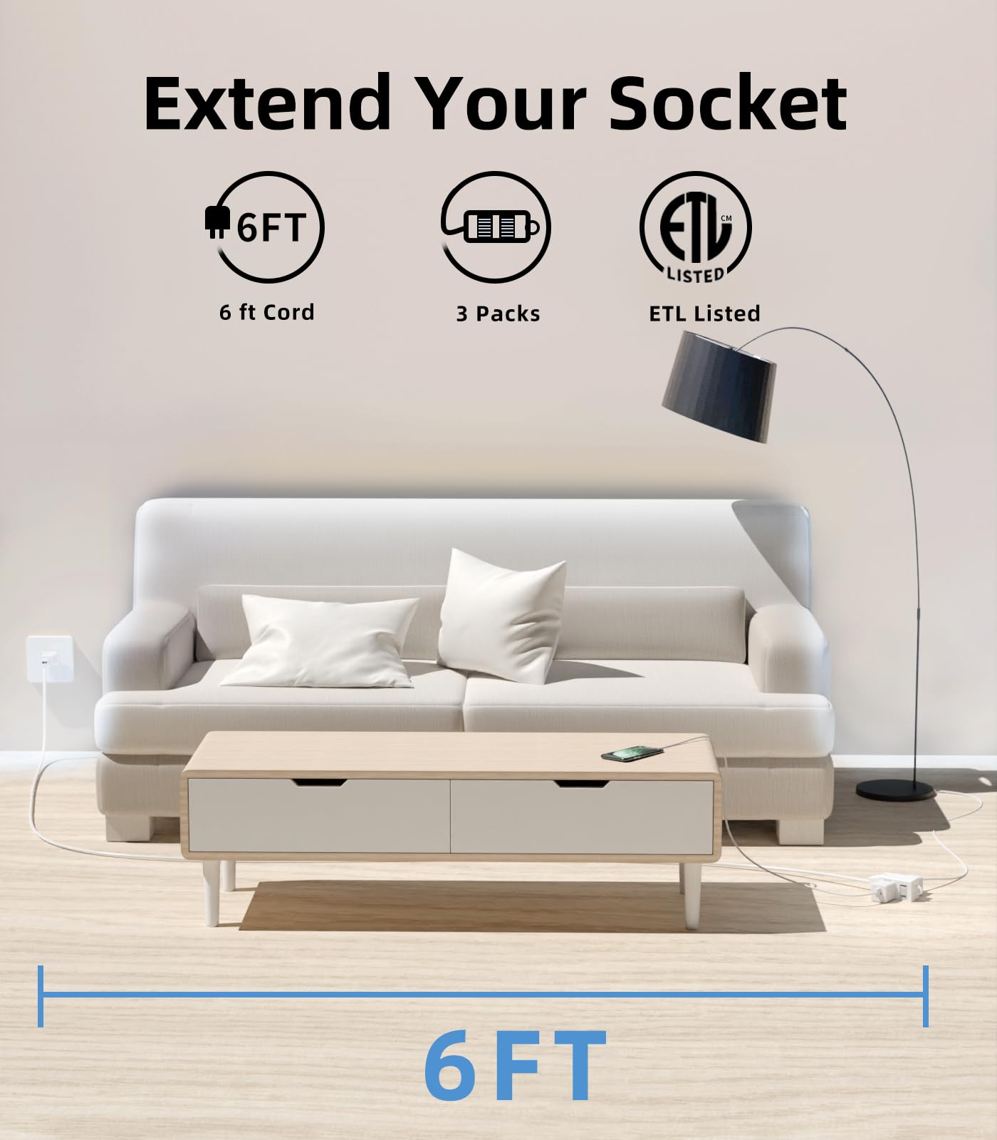 TiFFCOFiO 6ft Extension Cord - 3 Outlet -7