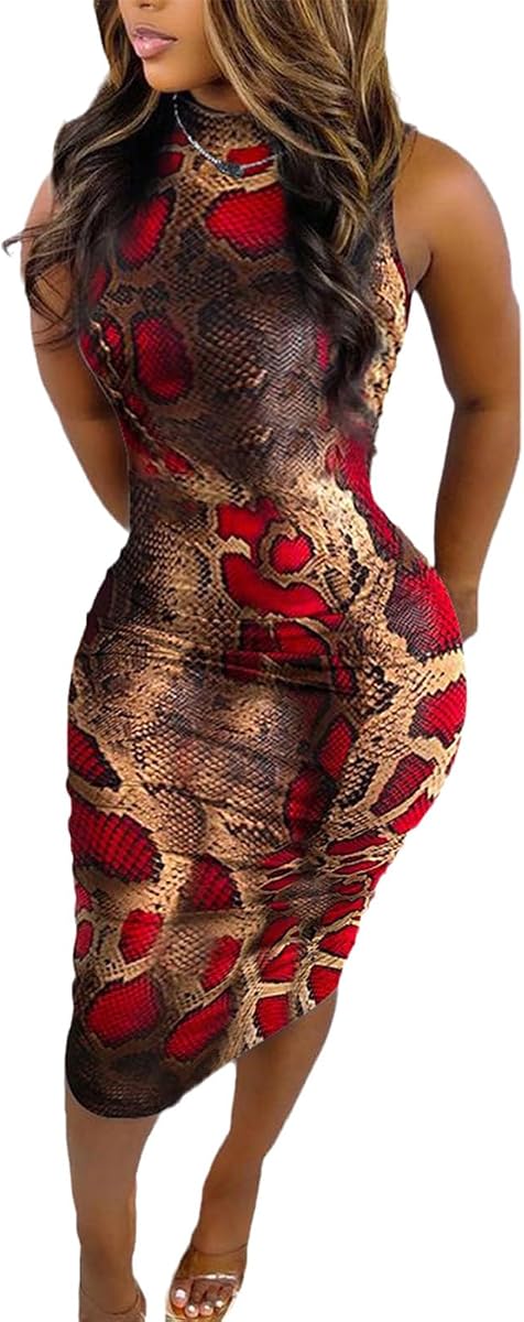 Women's Printed Bodycon Midi Dress Sleeveless Party Club Dress