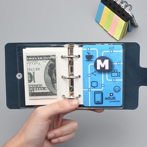 Miniatura 6 de Carpeta organizadora A9 de 3 anillas de piel auténtica, color azul, 120 hojas de notas y recambios semanales con 2 bolsillos transparentes