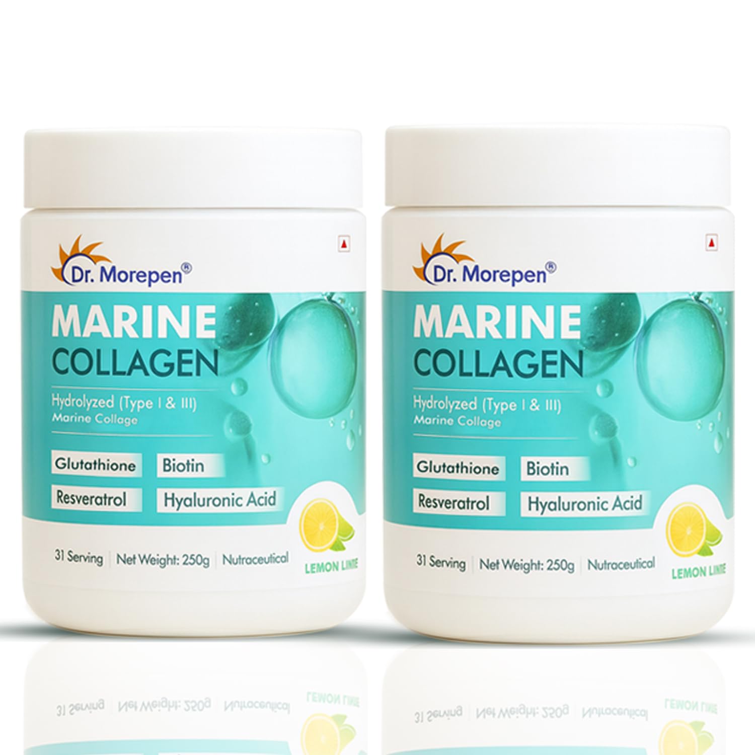 DR. MOREPEN Marine Collagen Powder with Glutathione, Hyaluronic Acid, Resveratrol & Biotin for Skin, Hair & Joint Support, Lemon Lime Flavour, 31 Servings – 250g Pack of 2