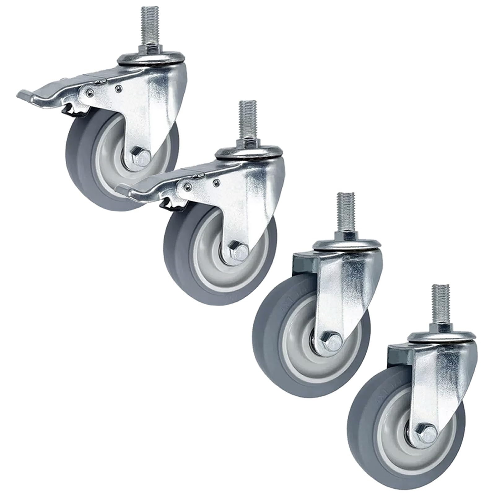 GYRAZXS Set of 4 Swivel Caster Wheels with Brakes - 3 4 5 Inch Threaded Stem Casters for Furniture and Trolleys - Silent Rolling M14/M16/M20 Stem Casters