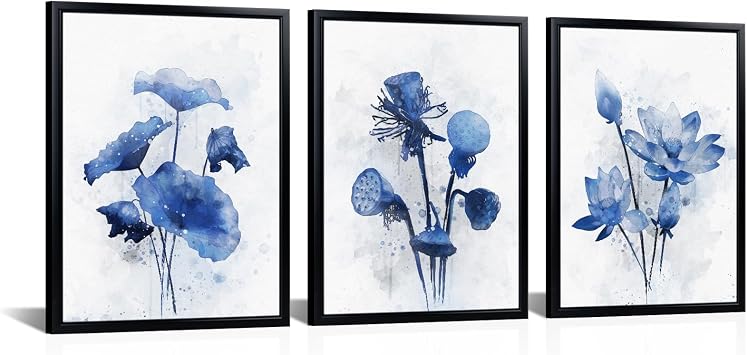 Derkymo Blue Lotus Watercolor Wall Art Framed 3-Piece Set with Black Frames for Home & Office Decor Ready to Hang 12"x16"x3pcs