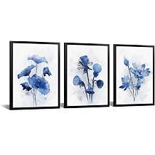 Derkymo Blue Lotus Watercolor Wall Art Framed 3-Piece Set with Black Frames for Home & Office Decor Ready to Hang 12"x16"x3pcs