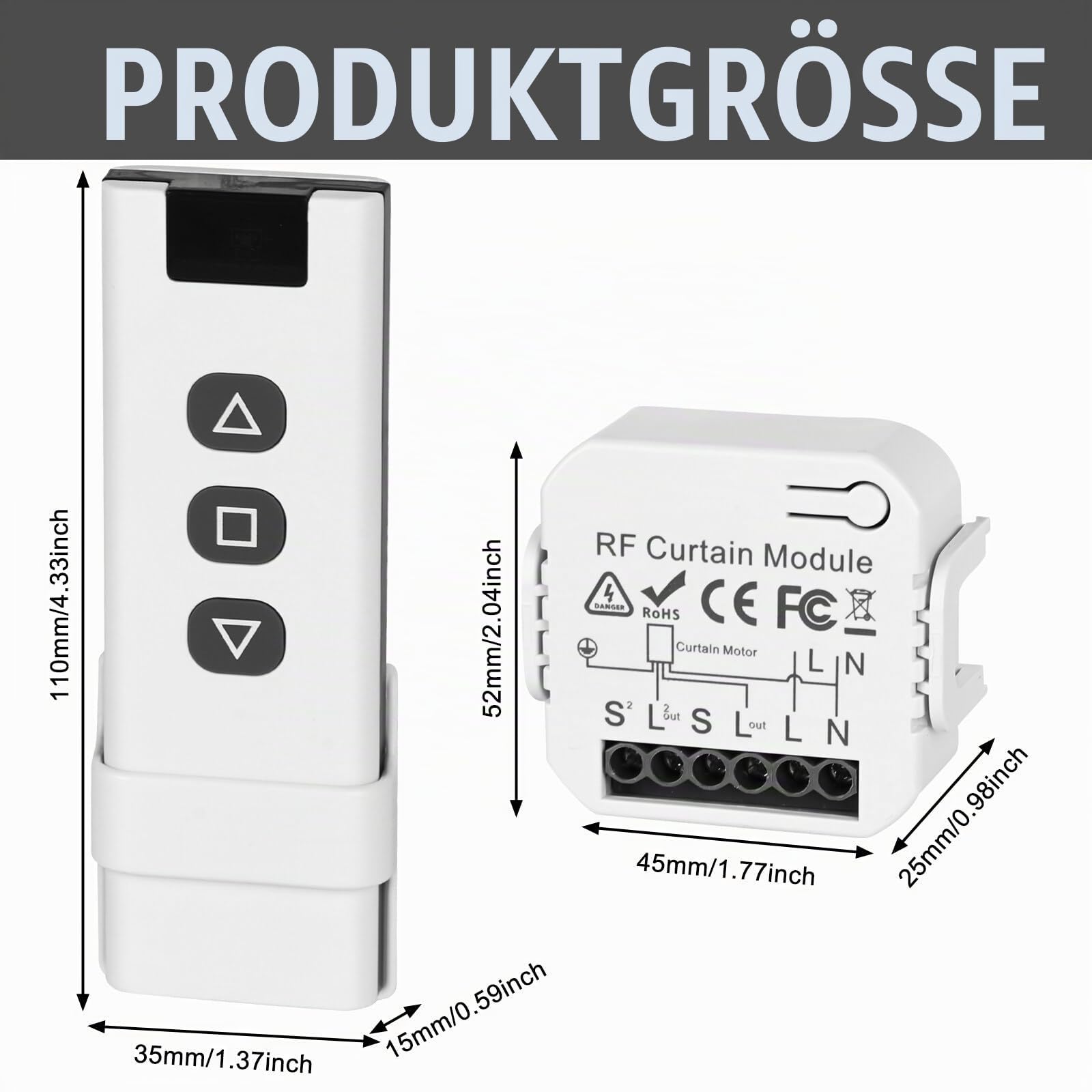 Funk Rolladensteuerung Nachrüstset, Smart Jalousieschalter Kompatibel Funkschalter 230v für Rolladen, Jalousien, Markisen, Bestehend aus RF Fernbedienung + Empfänger Modul Baumarkt
