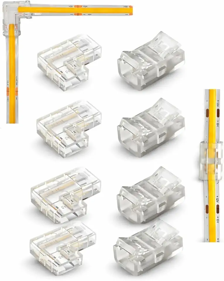 Kit 8 Emendas para Fita LED 8mm, 4 Peças Reta 180° e 4 Peças em L 90°, Sem Solda, 12V e 24V, Compatível com Fitas 5050 e 3528