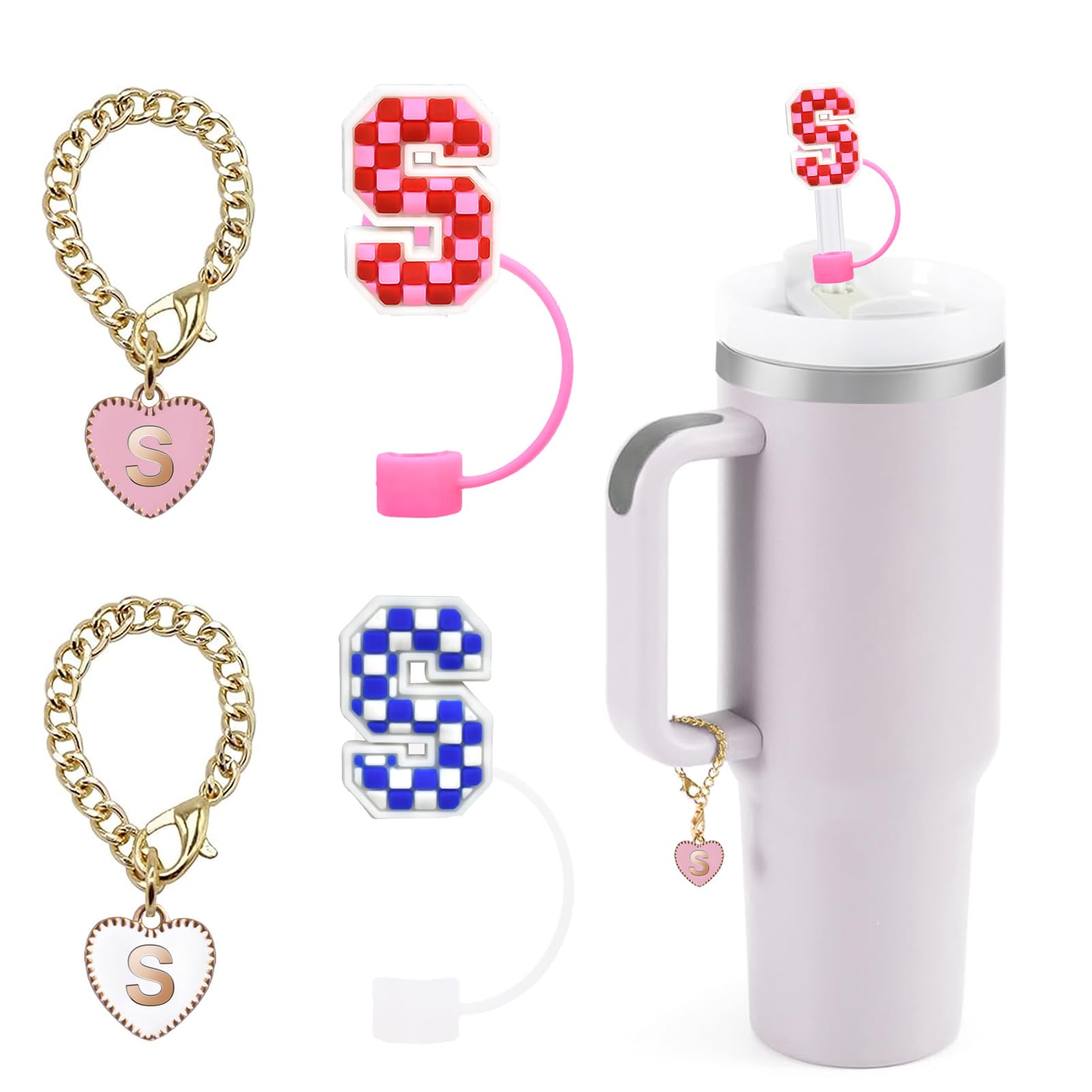 Stanley Cup Accessories, 2PCS Letter Stanley Straw Cover with 2PCS Letter Charms for Stanley Cup 30&40 Oz, Initial Letter Straw Toppers and Charm For Stanley Tumbler(Letter S)