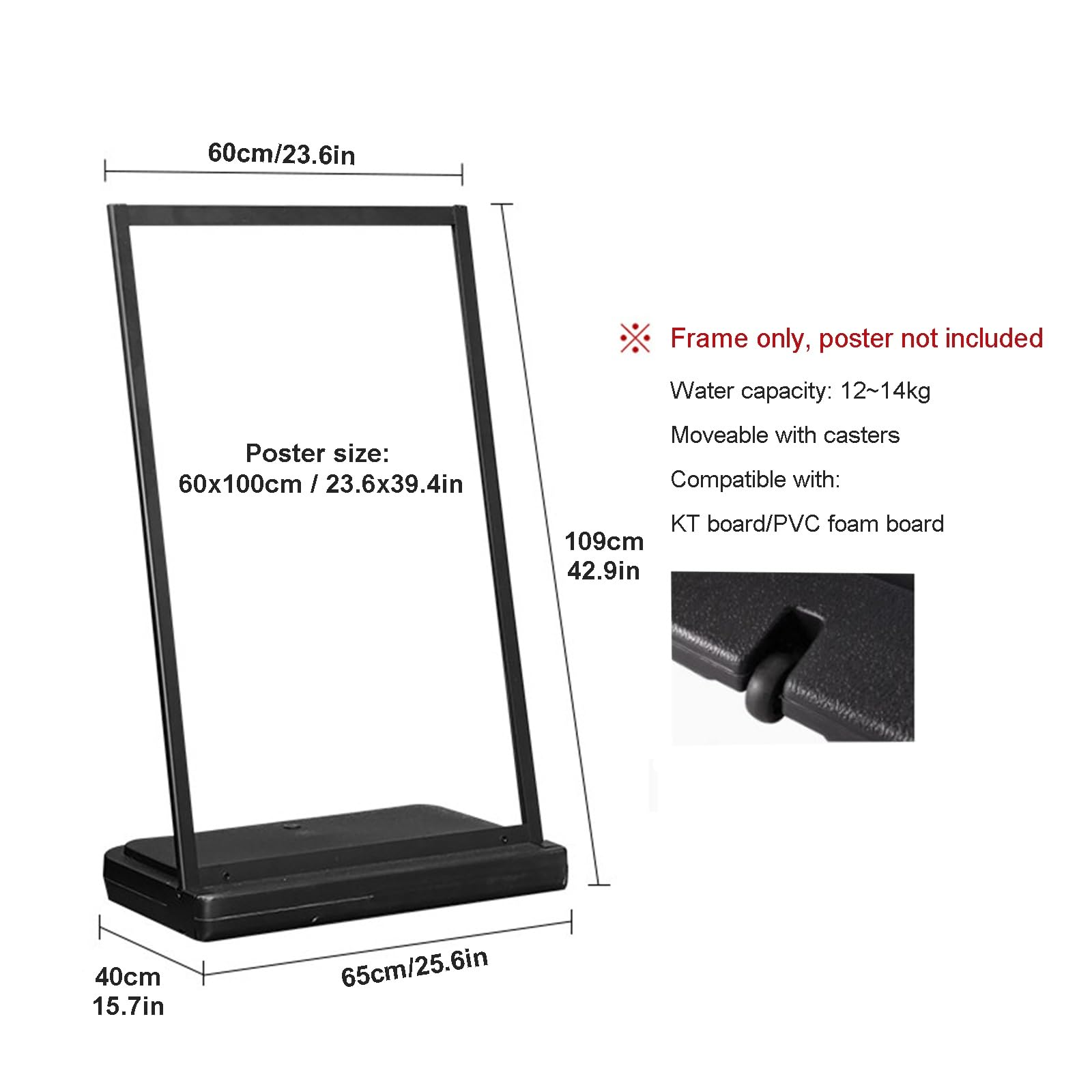 Soporte para Carteles de Exterior, Resistente al Viento, Resistente, con Base Rellenable y Ruedas para Eventos Comerciales y Minoristas(60x100cm)