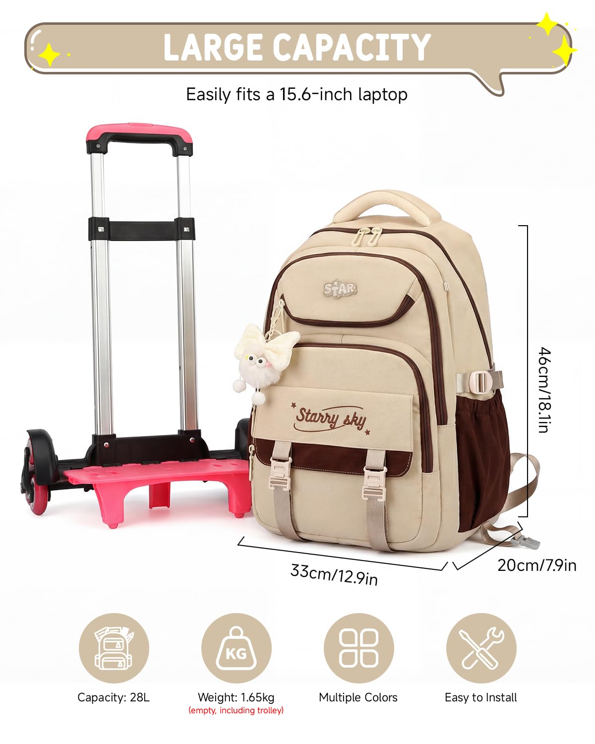 Amythe Zaino Scuola Trolley Sganciabile, 30L Zaini con Ruote per Scuola Elementare e Media, Zaino Rotelle per Ragazze Adolescenti Borsa Casual da Viaggio