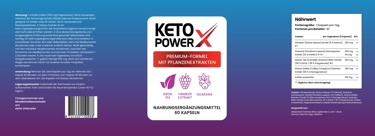 Keto Power X: Pflanzliche Formel mit Grünkaffee- und Himbeerextrakt | 60 Kapseln – 450 mg