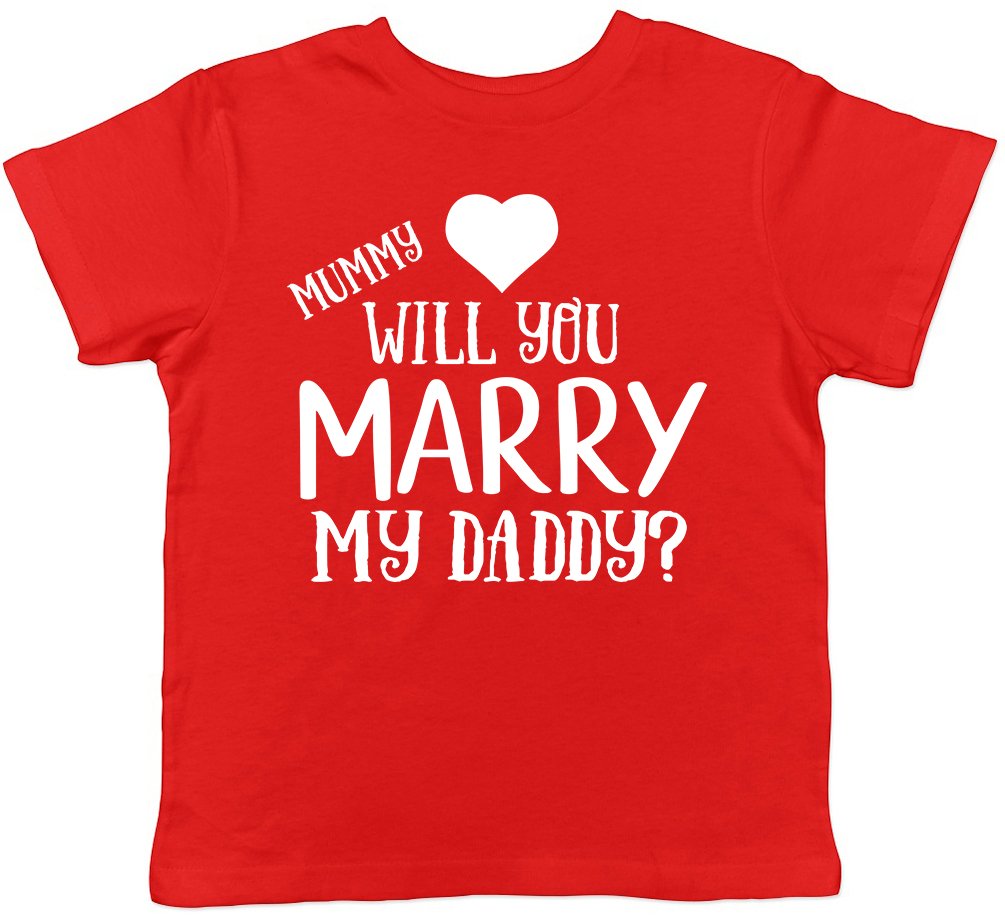Shopagift Girls Red Mummy Will You Marry My Daddy? Valentines Love Heart Proposal & Boys Childrens Kids Short Sleeve T-Shirt