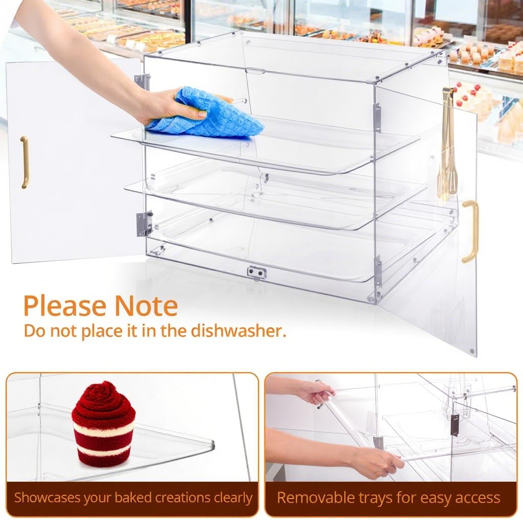 Pulchra Pastry Display Case 3 Tray, Acrylic Bakery Display Countertop - Detachable Tray, Transparent Clear Sturdy Versatile Display Case with Magnetic for Bread Pastry Dessert Food Cookie Kitchen