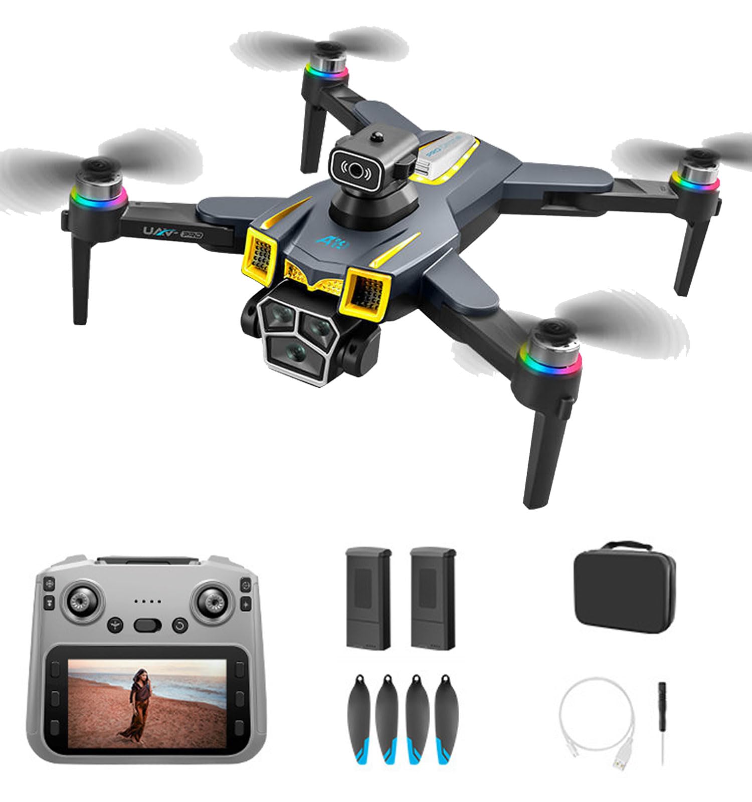 Drone GPS con 5.9 Pollici Schermo RC Quadricottero Pieghévole con Effetti di Luce Telecamera HD Evitamento Ostacoli Ritorno Automatico Motore Brushless Droni per Principianti e Adulti