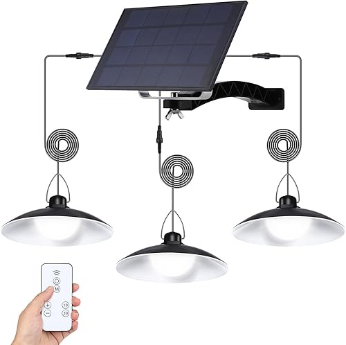 Luces colgantes solares para exteriores IP65 impermeables, 3 cabezales, luces solares de cobertizo con interruptor remoto de encendido y apagado,