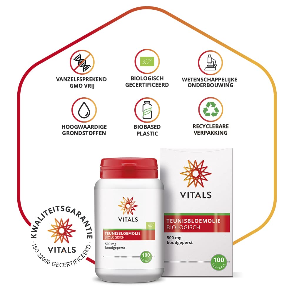 Vitals Nachtkerzenöl Bio - 100 Softgel-Kapseln, vegan. 500mg kaltgepresstes Öl aus Nachtkerzensamen mit GLA. Ohne Chemikalien, aus biologischem Anbau.