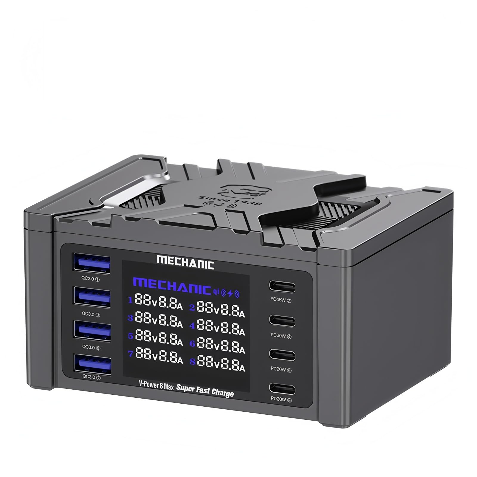 Cargador multipuerto MECHANIC V-Power 8Max para organizar la mesa de noche y cargar el reloj