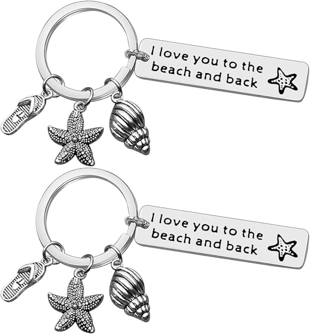 Reizteko 2Pcs Beach Gifts for Women Beach Lover Gift Keychain Beach Themed Gifts I Love You To The Beach And Back Engraved for Couple Lovers Friends