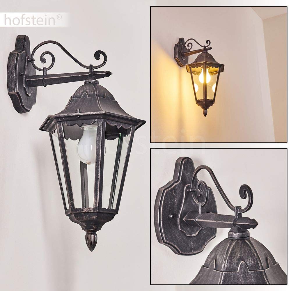 Aplique de exterior Lignac, lámpara de pared hacia abajo de aspecto antiguo, fundición de aluminio en negro/plata, cristales, E27, lámpara de exterior retro/vintage para terraza y patio, sin bombillas