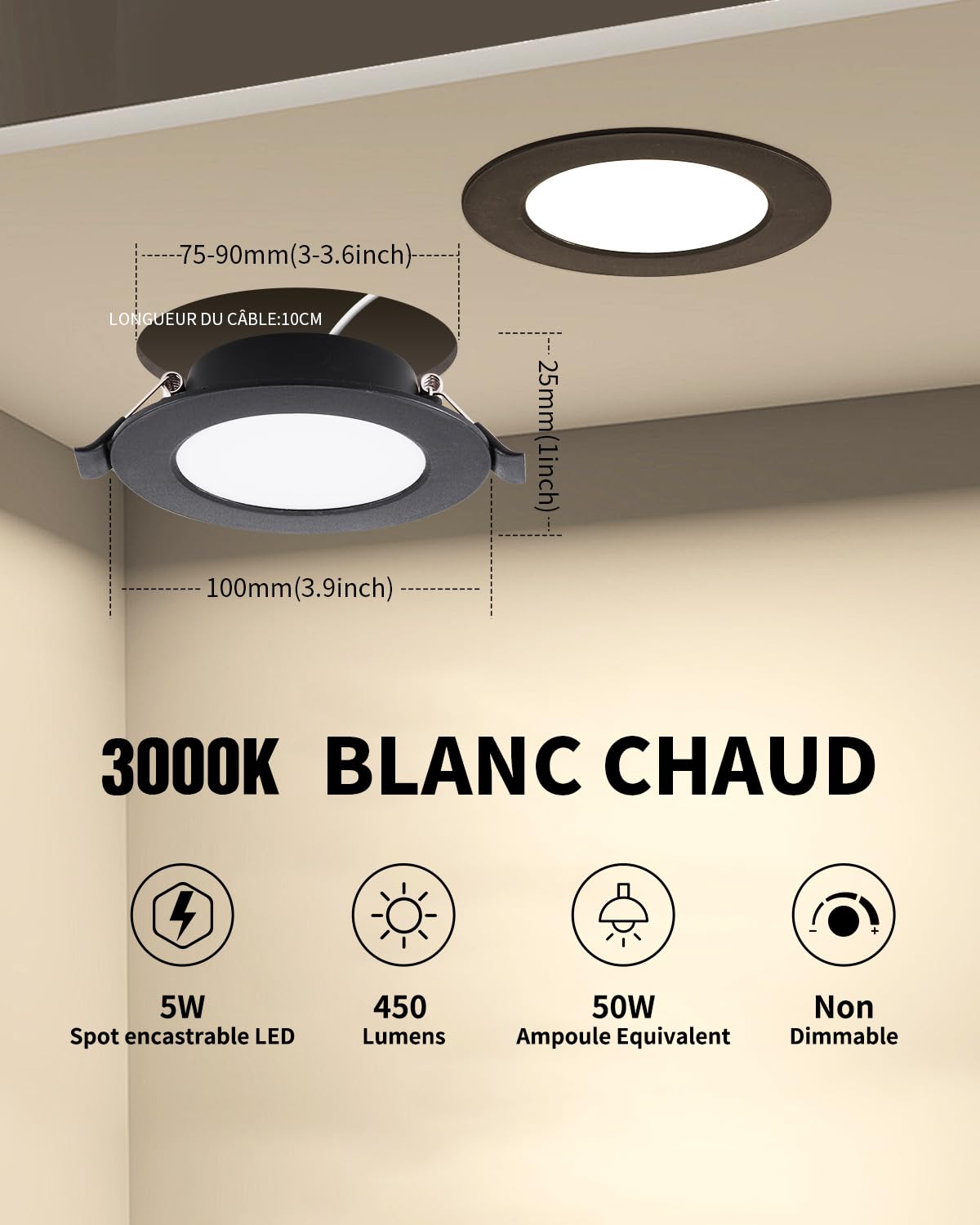 Lot de 20 Spots LED Encastrables, 5W, Noir, Spot Salle de Bain, IP44, Ultramince 25 mm, Blanc Chaud 3000K, Trous Ø75-90mm, Spot LED Extérieur Rond, AC 220V-240V, pour Cuisine Salon Chambre