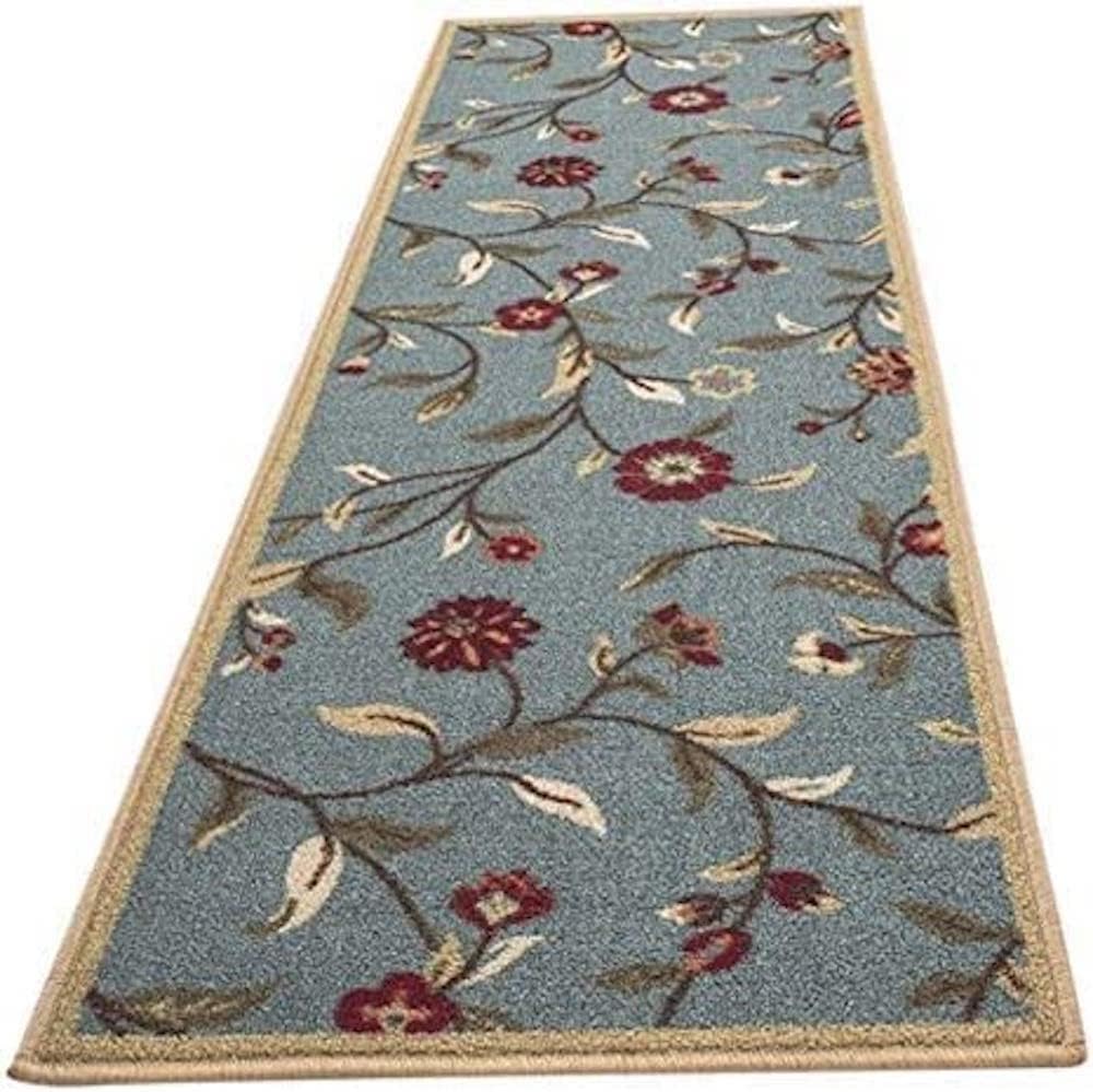 Machine Washable Floral Leaves Design Non-Slip Rubberback 3x10 Traditional Runner Rug for Hallway, Kitchen, Bedroom, Living Room, 2'7" x 9'10", Seafoam Green Floral Seafoam Runner - 2'7" x 9'10"