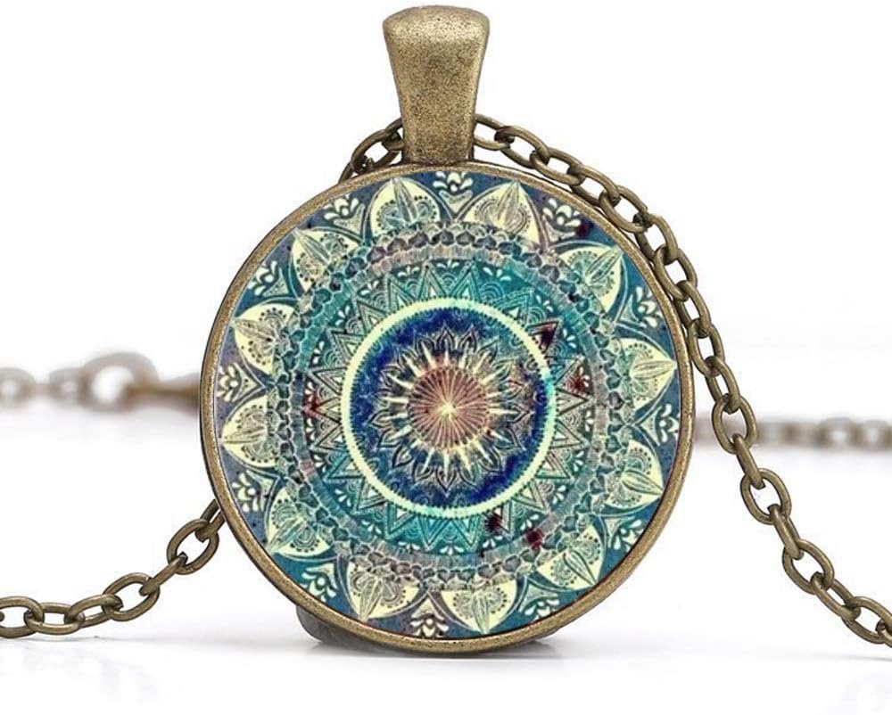 Vintage Glass Dome Necklace Buddhism Chakra Glass Cabochon Pendant Jewelry Om India Yoga Mandala Necklaces for Unisex