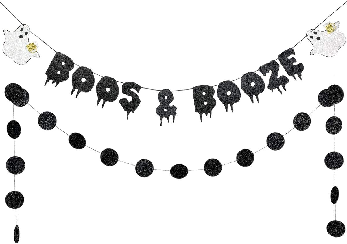 Black Glittery Boos & Booze Banner and Black Glittery Circle Dots Garland