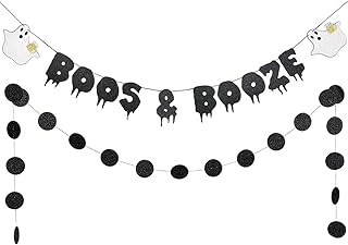 Black Glitter Boos & Booze Banner Halloween Party Banner, Boos and Booze Party Banner Decorations Hocus Pocus Banner for Haunted House Halloween Mantle Home Decor