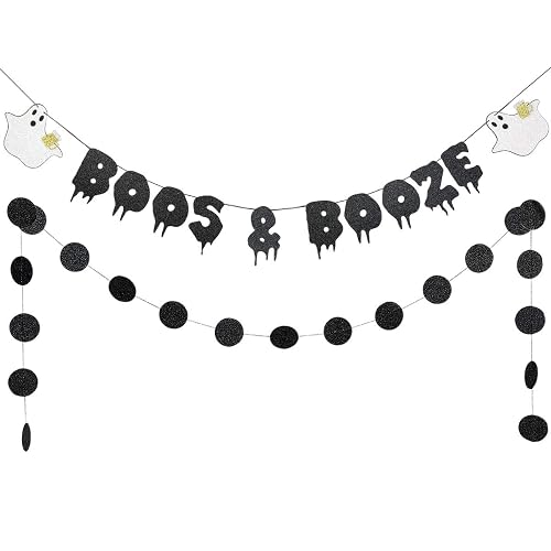 Black Glitter Boos and Booze Banner Here for The Boos Banner, Funny Halloween Banner Boos and Booze Decor for Haunted Mansion Halloween Mantle Home Decor
