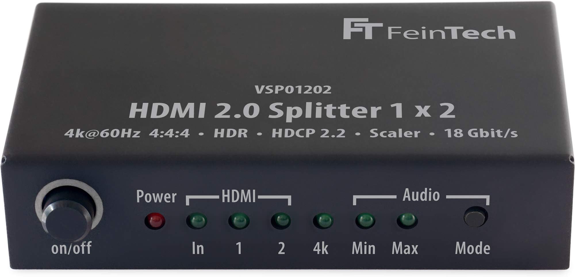 FeinTech VSP01202 HDMI 2.0 Splitter 1x2 with 4K HDR Down-Scaler Audio-EDID Black