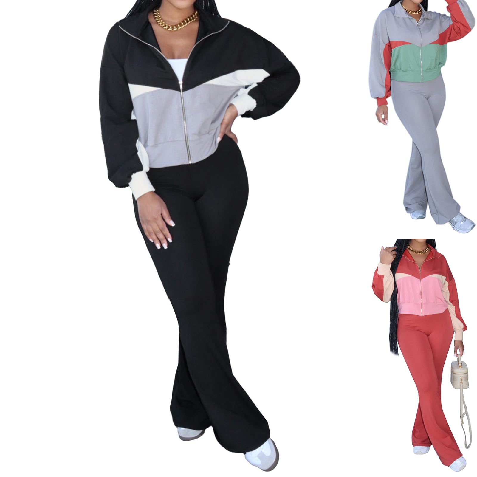 Greabuy Zweifarbiges Sport-Set für Damen, langärmelig, bauchfreie Jacken mit weitem Bein, Lounge-Sweathose, Trainingsanzüge, Sportbekleidungs-Set