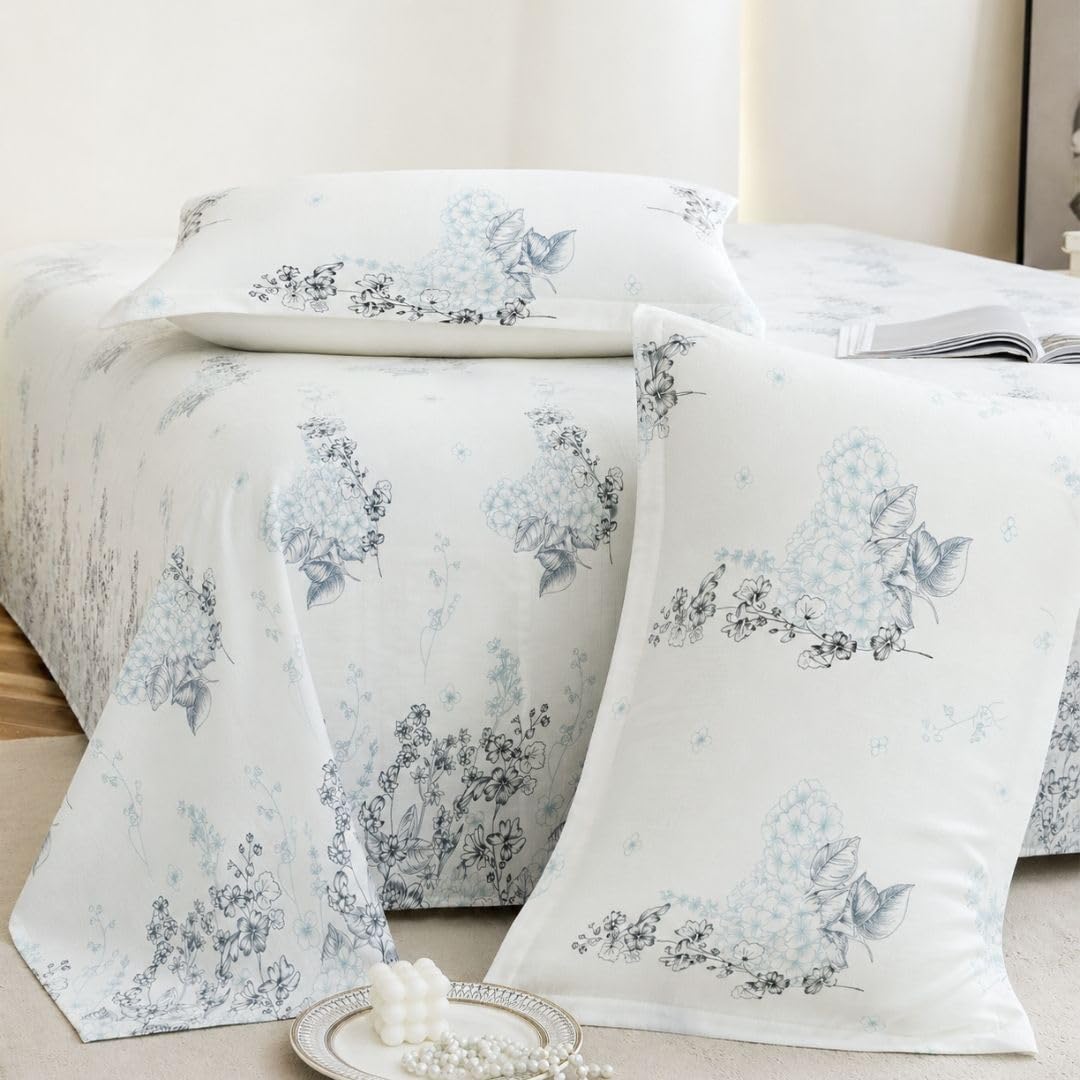 Jaipur Weaves Cotton King Size Bedsheet 108x108 Super King, 100% Pure Cotton Bed Sheet with 2 Pillow Covers, 240 TC Soft Breathable Floral Design Bedding - (Garden Blue, Super King)