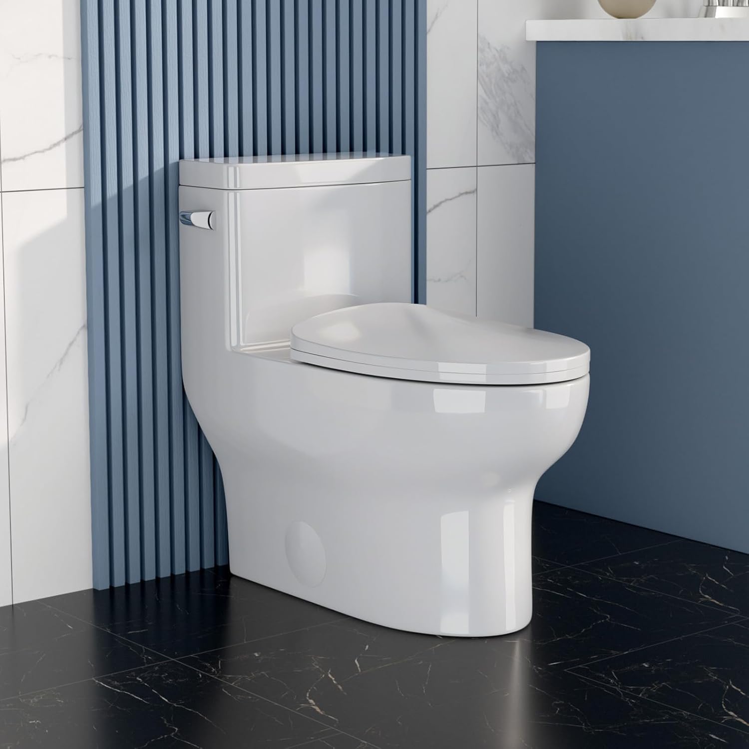 Kichae One Piece Toilet, Single Flush 1.1/1.6 GPF Elongated Toilet with Comfortable Seat Height, Powerful & Quiet Modern Standard Toilet for Bathroom, 12" Rough-In