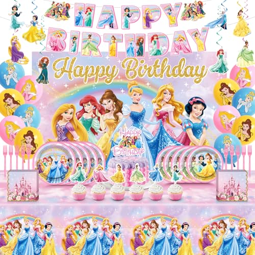 Princess Birthday Party Decorations, Pink Cartoon Party Decorations for Girls with Happy Birthday Banner, Princess Cupcake Toppers, Table Cloth and Tableware Serve 10 Guests