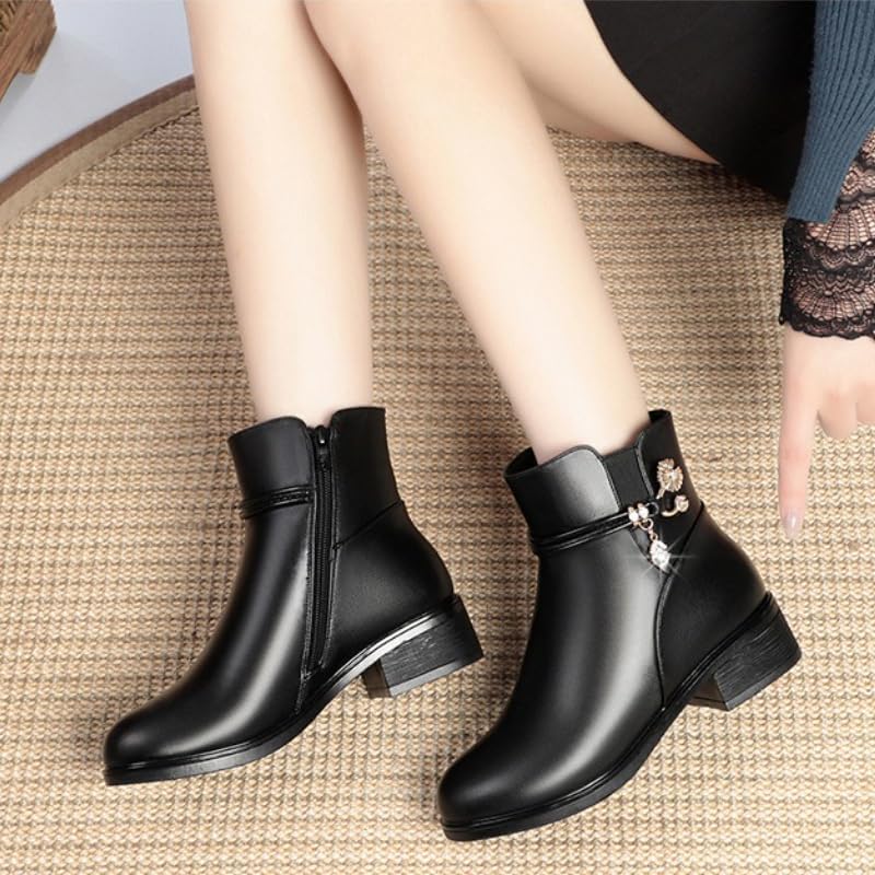 Women's Ankle Booties Soft Leather Platform Side Zipper Sparkling Rhinestones Winter Warm Fur Lined Thickening Snow Boot