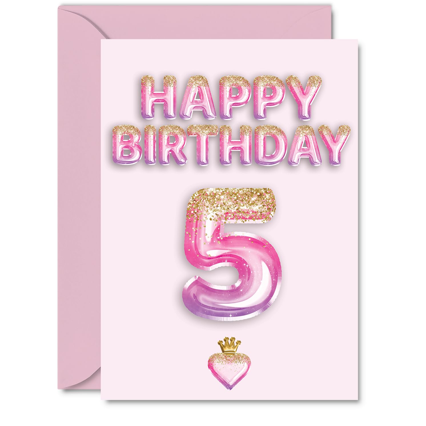 5th Birthday Cards for Girls and Boys, Pink & Purple Glitter Balloons