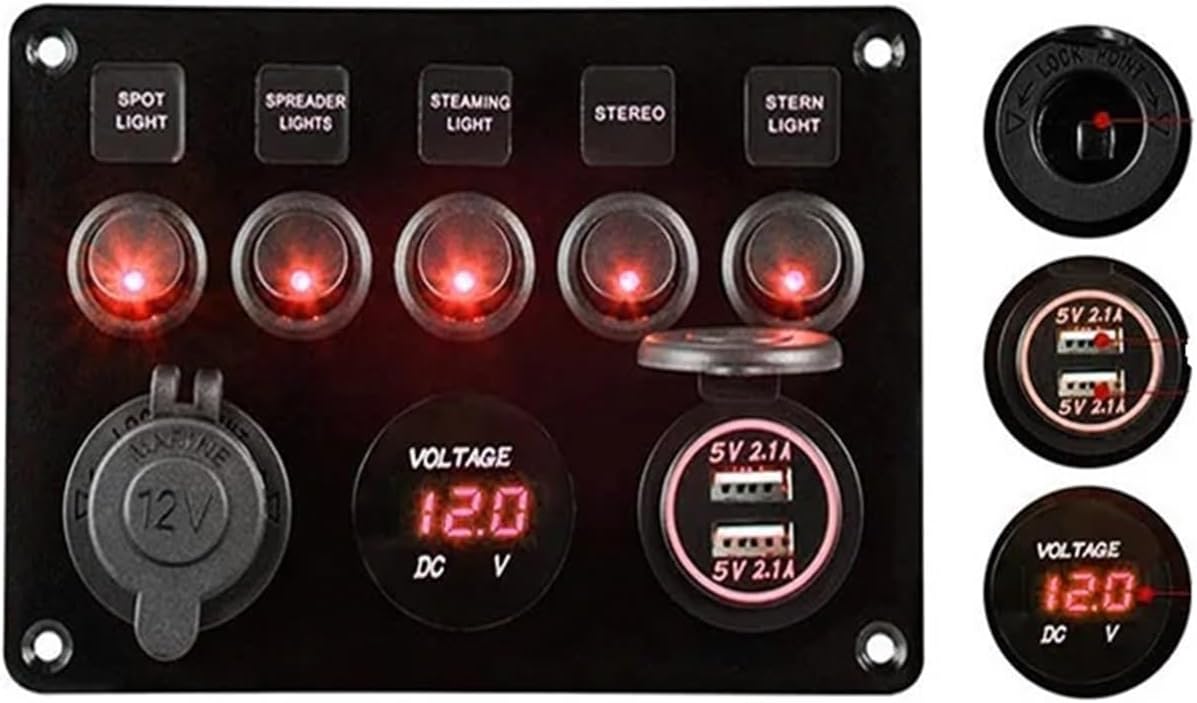 8 Gang Rocker Switch Panel for Boat Marine Car 12V 24V Waterproof On-Off 5pin 12v Led Panel Switch with Sticker Set(Green)