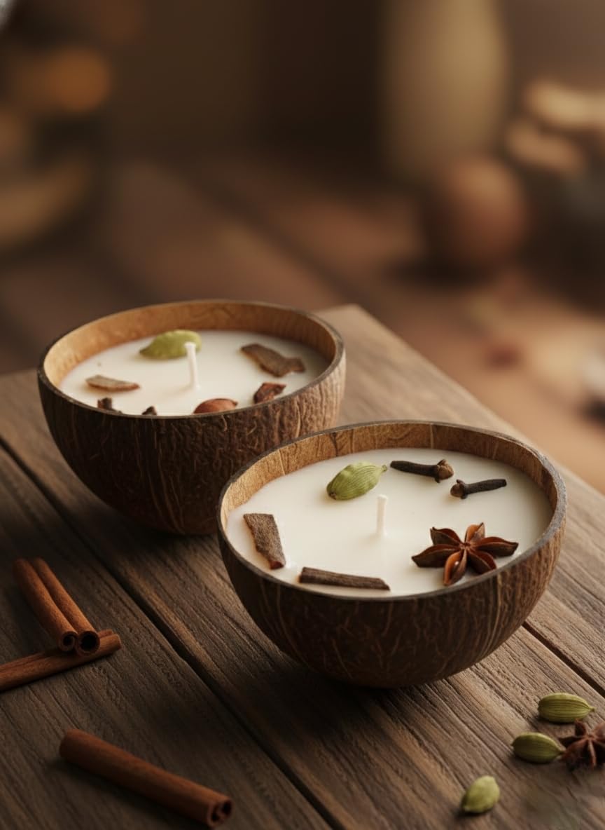 Coconut Shell Soy Wax Candle with Cinnamon, Star Anise, Cardamom and Clove, Spice Scented, Gift Set 2