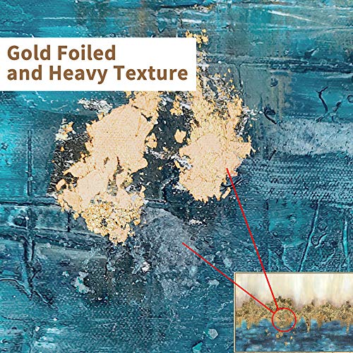 Hardy Gallery Hand Painted Canvas Painting Framed: Abstract Heavy Textured Dark Blue Gold Foils Embellishment Wall Art Large For Bedroom (45” X 30'' X 1 Panel) #TOP2