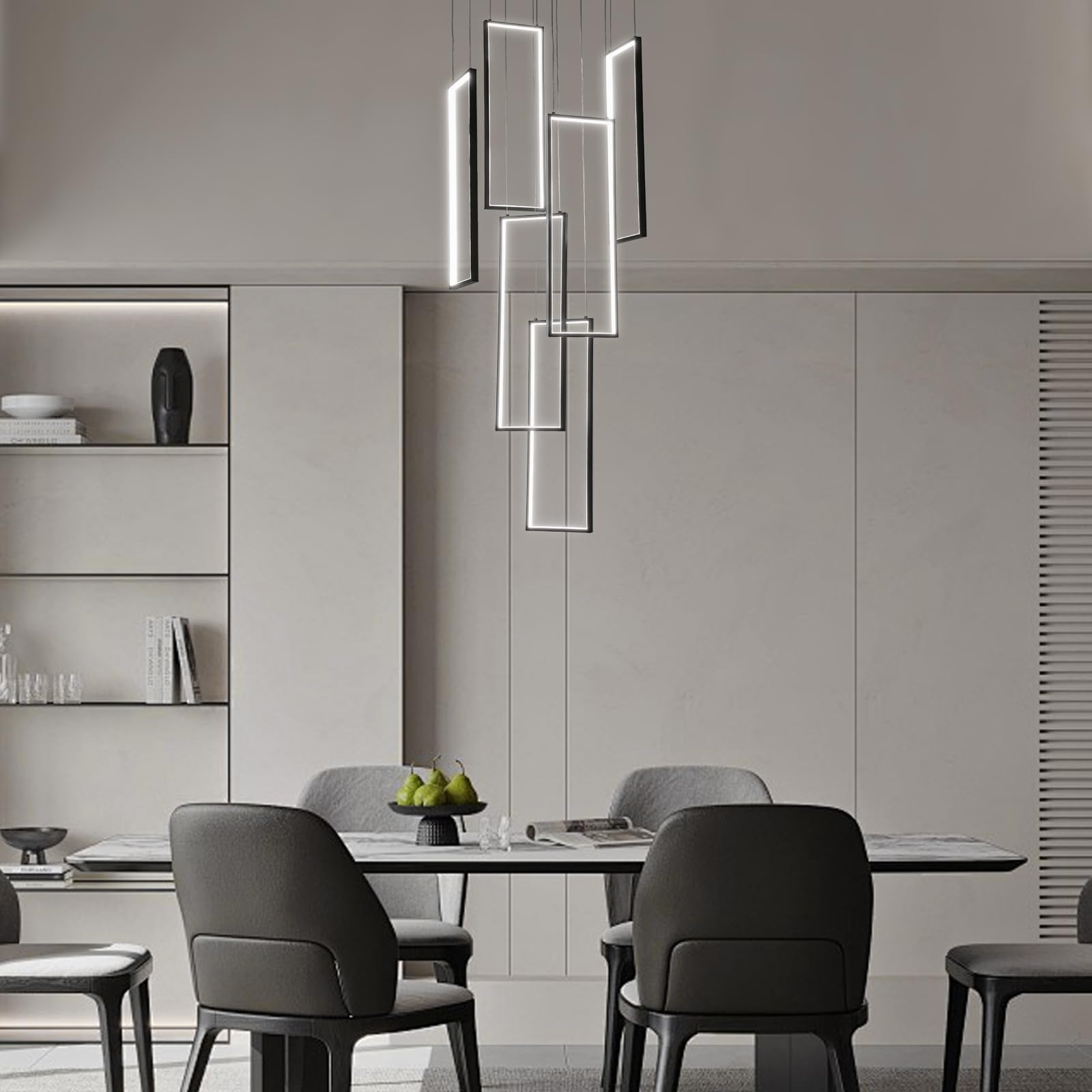 Treppenhaus Kronleuchter Modern,300Cm Hoch Schwarz Led Pendelleuchte,6 Rechteckige Dimmbar Dekoratives Hängeleuchte FüR Villa Treppe Esszimmer Wohnzimmer,Hohe Decken Pendellampe LüSter