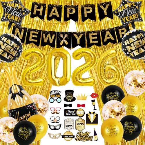 Decoración Nochevieja 2025 - Cotillón, Banderinas Happy New Year, Accesorios de Fotos, Cortinas Metálicas, Globos Para Fiesta de Año Nuevo - Oro y Negro