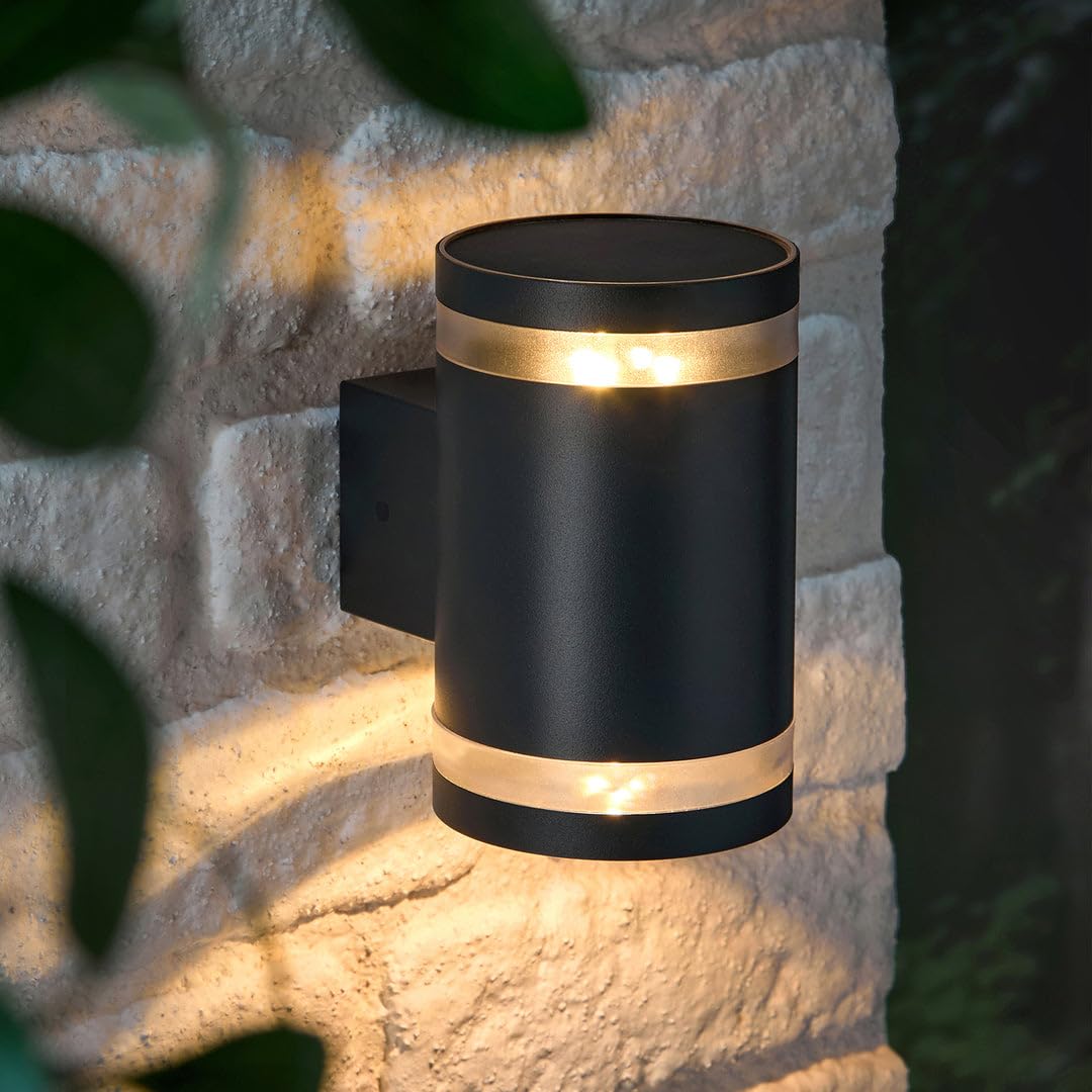 Lights4fun Black Wentworth Matte Solar Up And Down Wall Light With Warm White Leds, Outdoor Garden Lighting For Patios, Entrances & Modern Exterior Décor