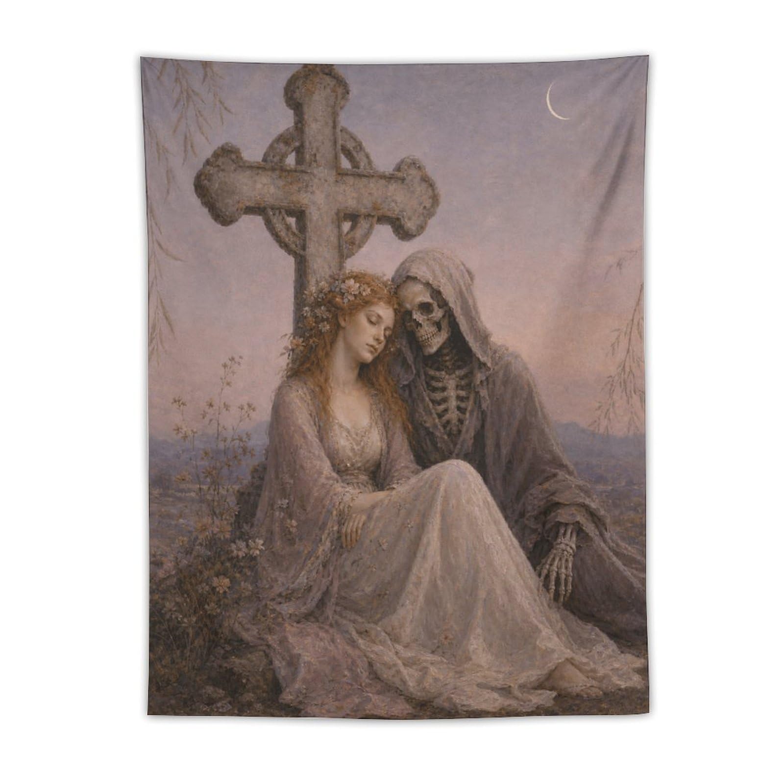 H3B8U2Y5 Bride with Death Wall Tapestry, Fantasy Illustration, College Dorm