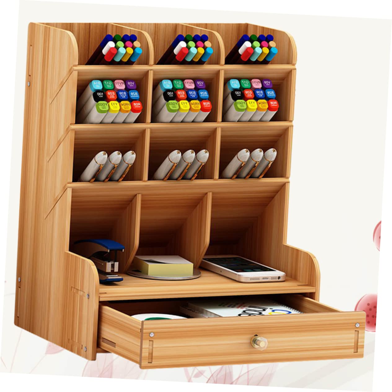 Portapenne in con Ampia Capacità Organizer Scrivania con Scomparti Multipli per Ufficio e Casa Scatola Portaoggetti in Ciliegio Design e Resistente