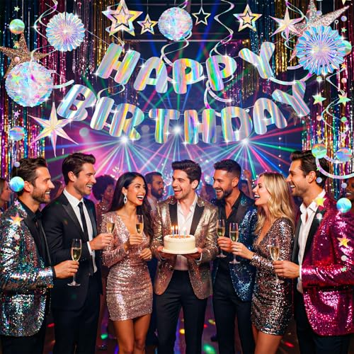 Image of Knitgrip 23 Pcs Pre-strung Iridescent Birthday Decorations Aurora Holographic Party Decor with Hanging Honeycomb Ball Paper Fan Star Garlands Swirl Decorations for Wedding Party Home