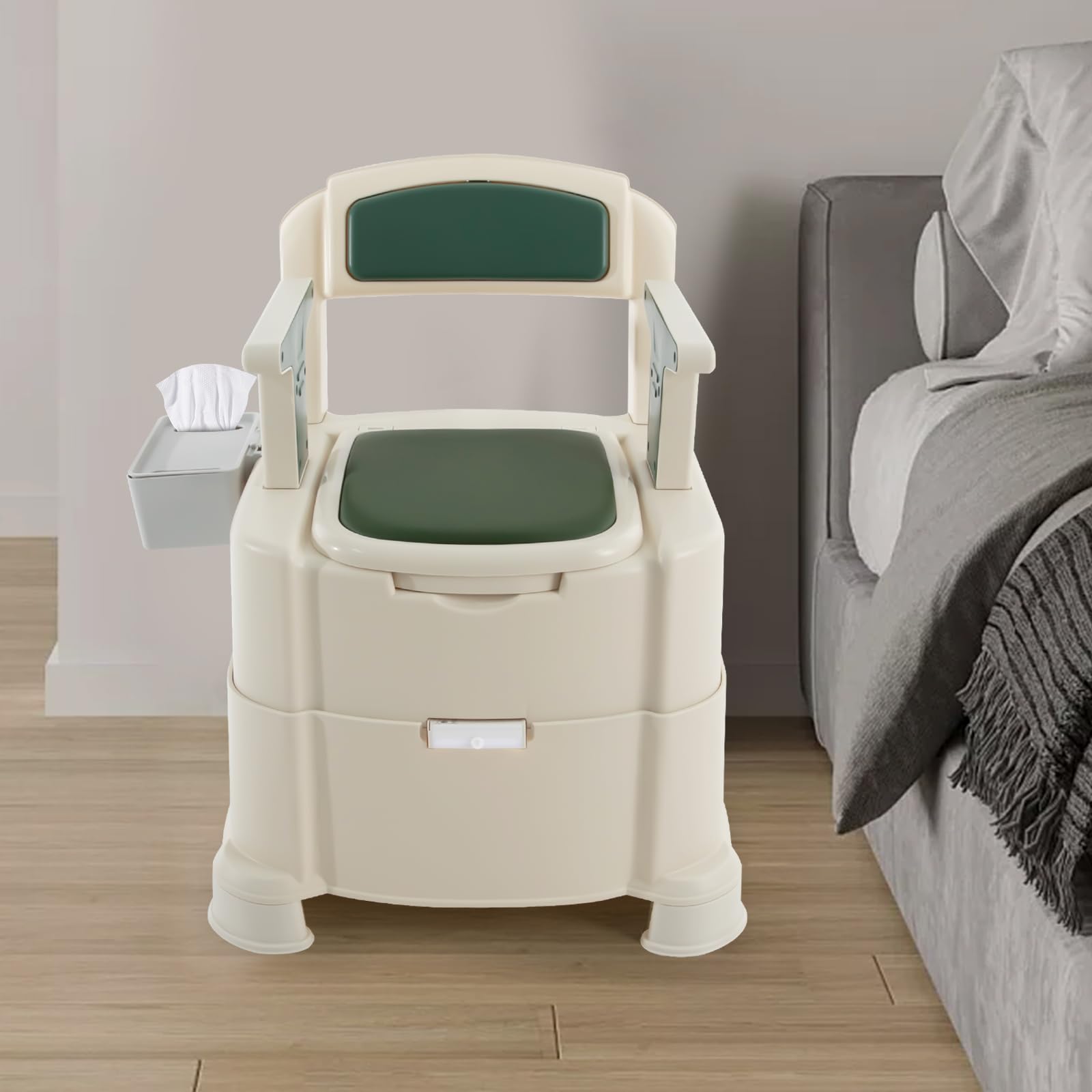 WC Portatile Pieghevole Per Campeggio E Disabili – Con Luce Notturna PIR, Braccioli, Portarotolo E Secchio, Portata 200 Kg