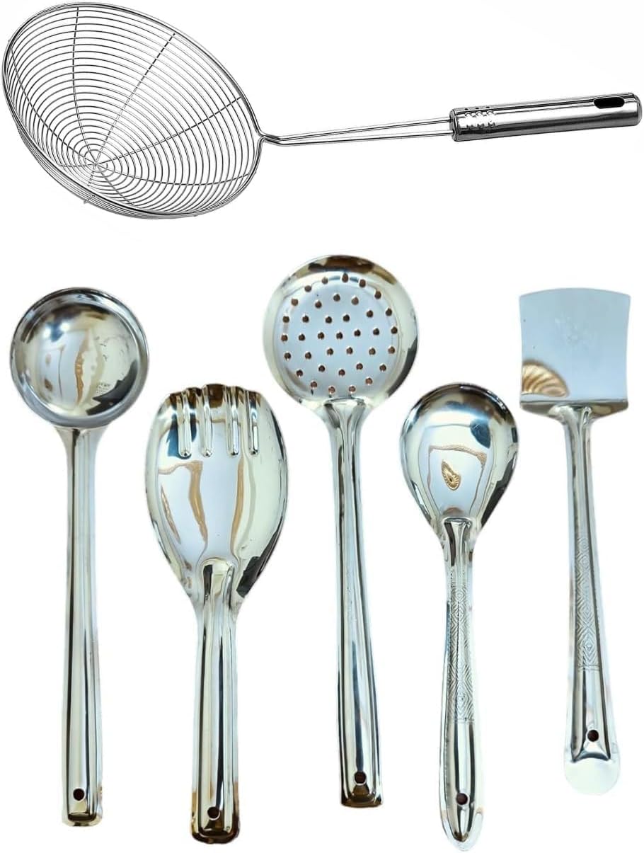 Stainless Steel Cooking and Serving Spoon Set, Silver, 5 Piece with Strainer, Multipurpose Kitchen Tools, Dishwasher Safe (Set Of 5)