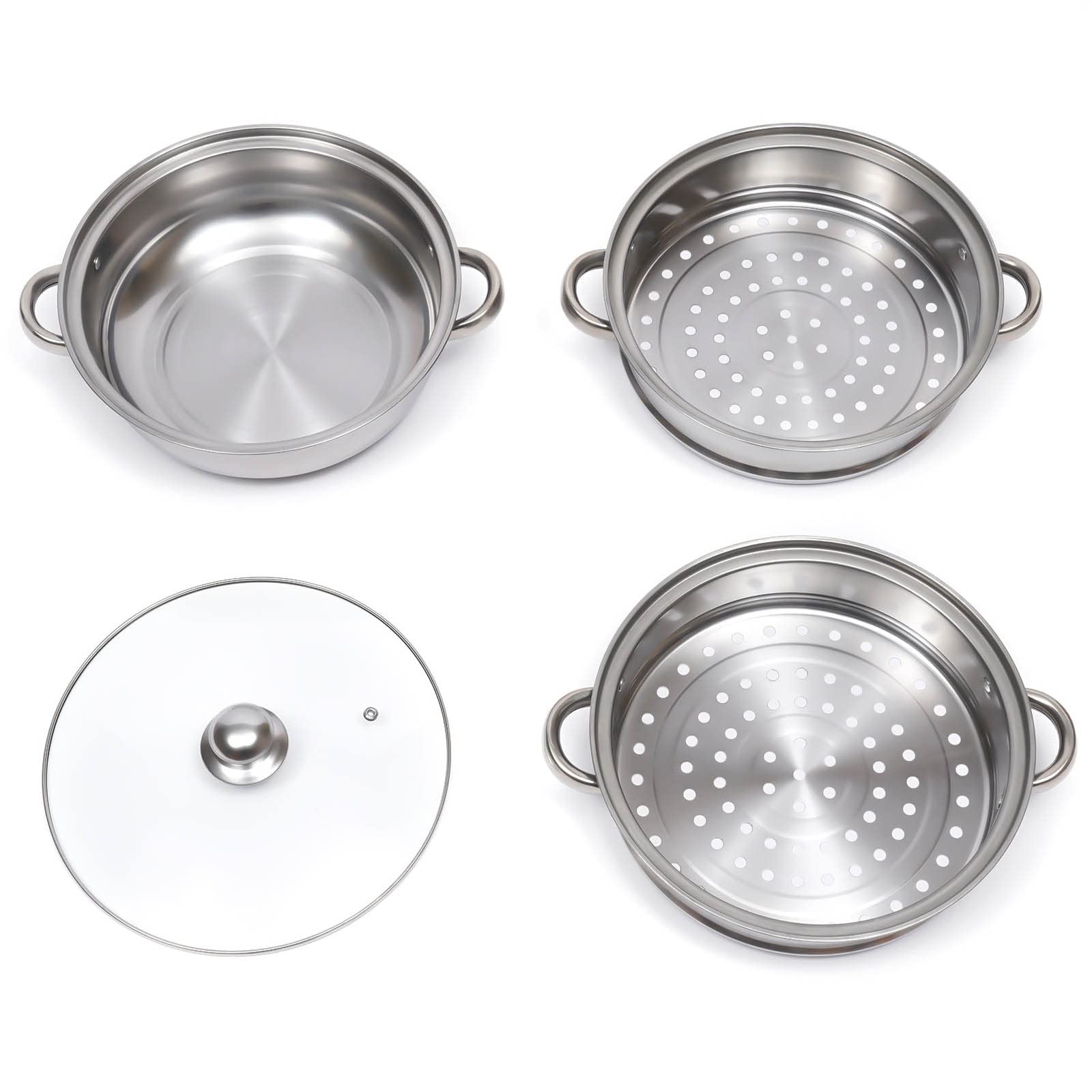 Cuiseur vapeur, 28 cm, en acier inoxydable, à 3 étages, avec insert vapeur et couvercle en verre, pour cuisinière à induction, steamer multifonction pour cuire à la vapeur des légumes, du poisson, de