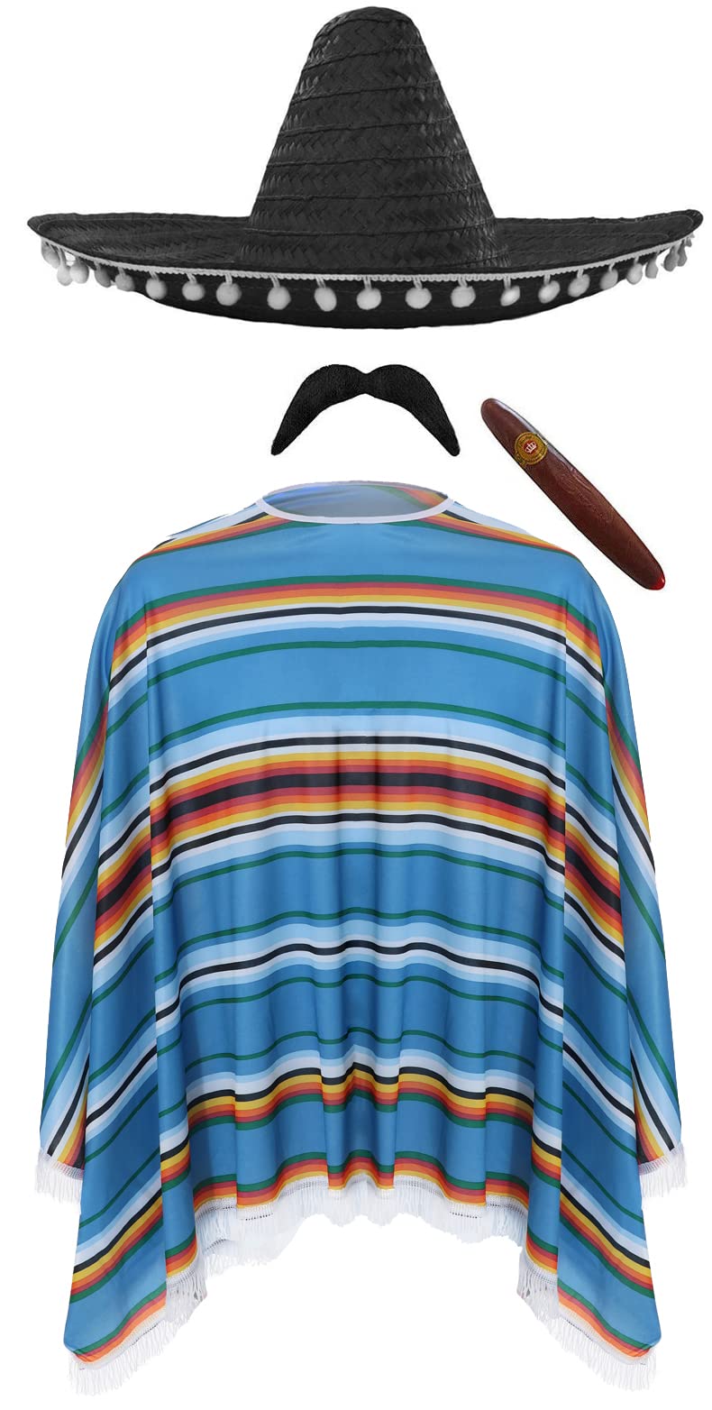 Mexican Man Costume - Blue, Green & Orange Poncho, Black Sombrero, Mexican Tash, Fake Cigar - Adults Western Bandit Wild West Cinco de Mayo Fancy Dress Costume โ image 1