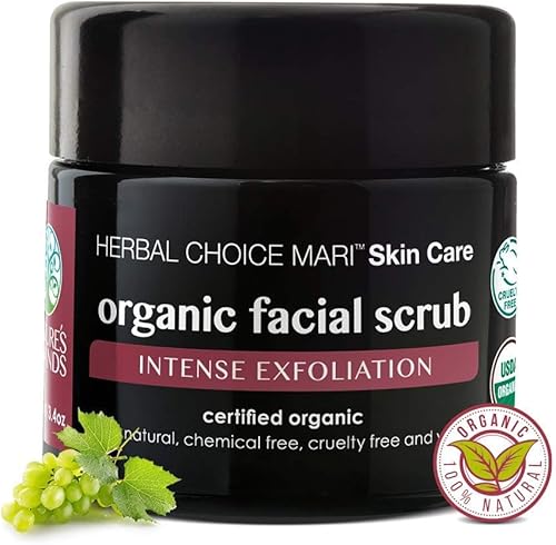 Herbal Choice Mari exfoliante facial orgánico (tarro de vidrio de 3.4 onzas líquidas) – Lavado facial intenso con azúcar morena, sal marina, manteca