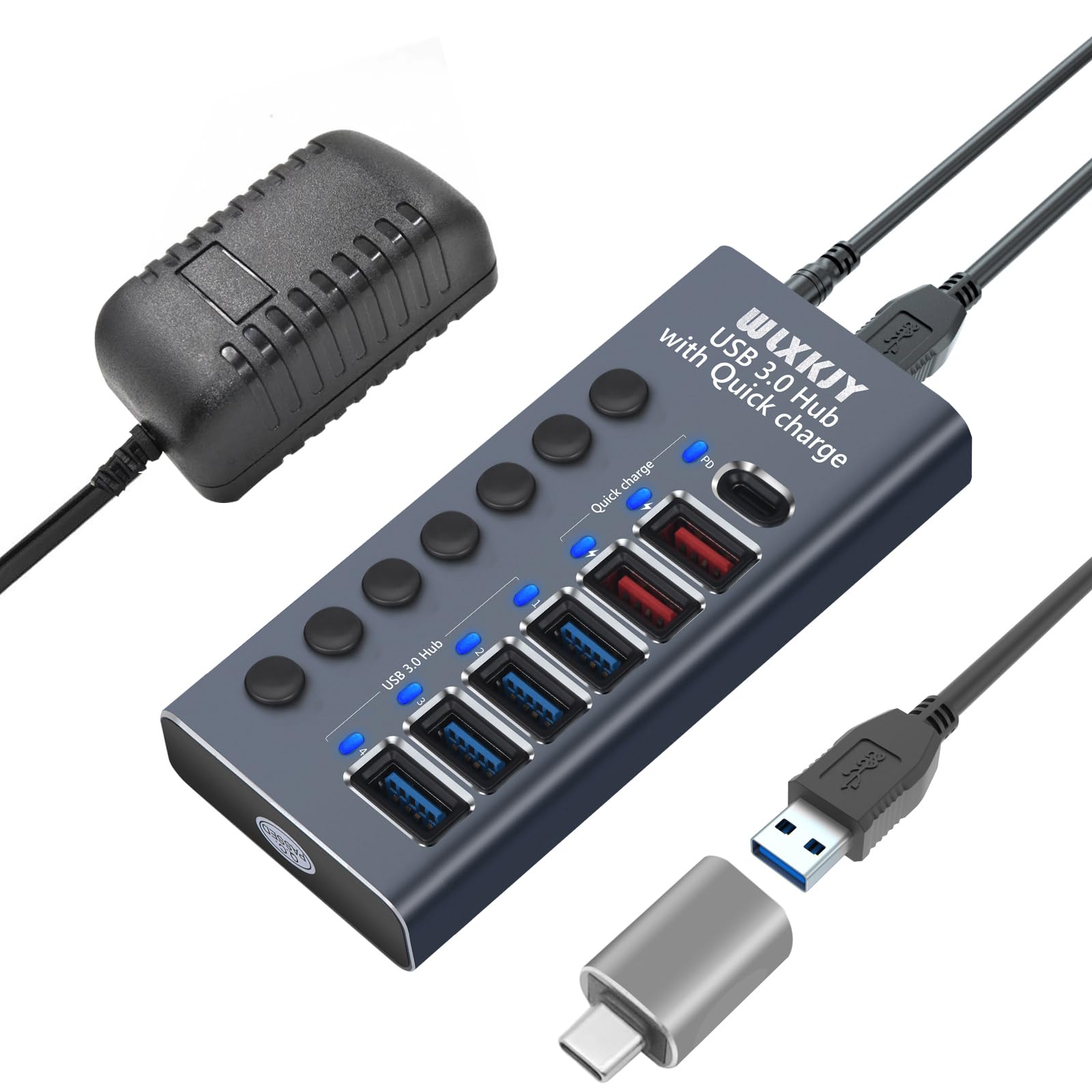 Hub di alimentazione da 36 W (12 V/3 A), hub USB 3.0 7 in 1 in alluminio WLXKJY (4 porte di trasferimento dati USB 3.0, 3 porte di ricarica rapida) con interruttore indipendente